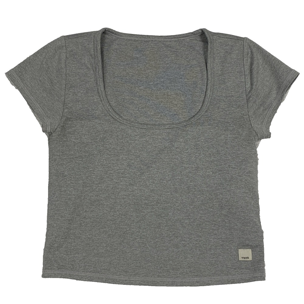 Vuori Halo Crop Top Womens Small Heather Grey Built-In Bra Short Sleeve Yoga